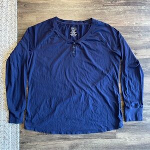 LL Bean Shirt Women’s Large Blue Henley Round Neck Cotton Super-Soft Shrink-Free